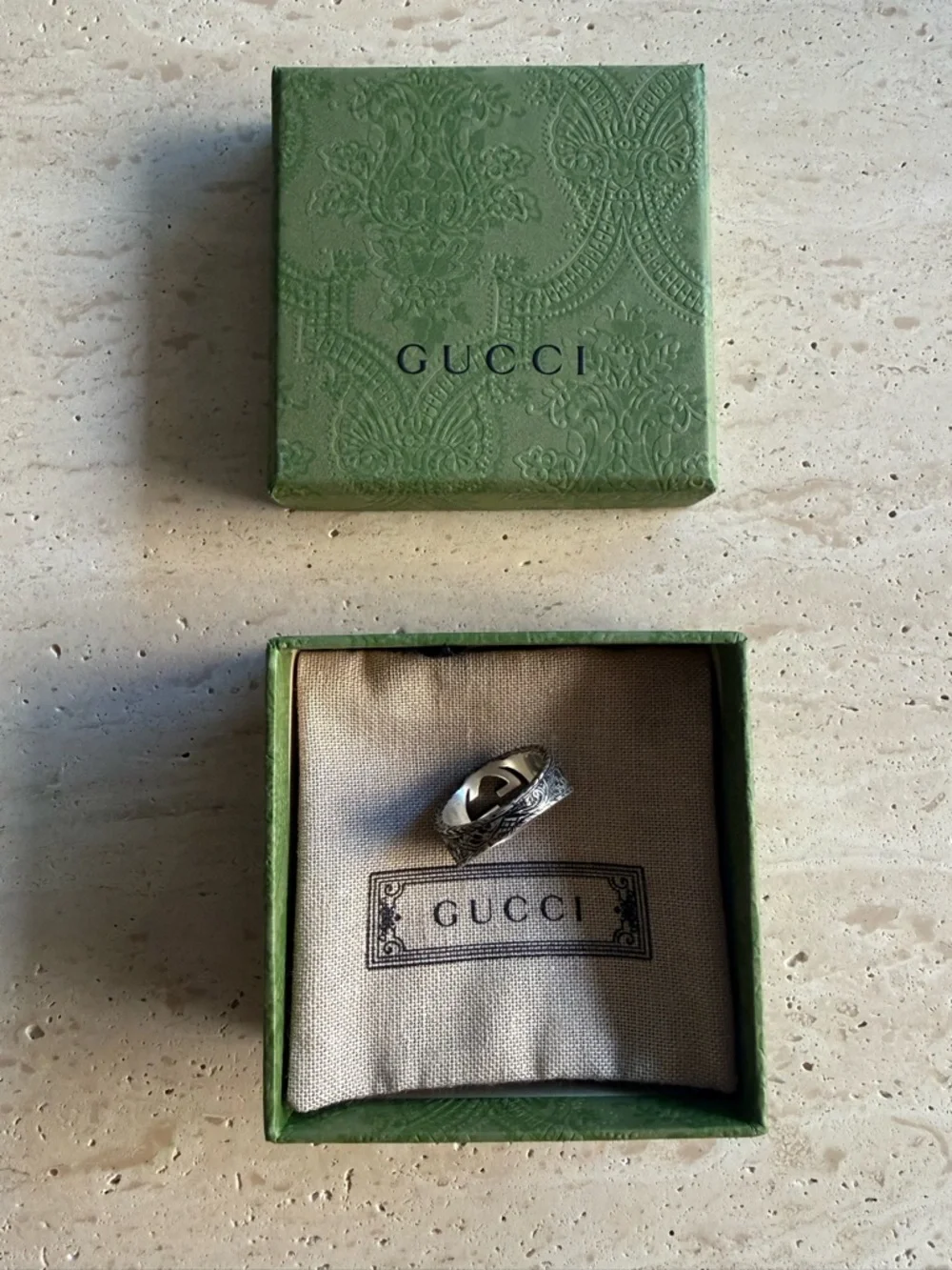 NWB GUCCI INTERLOCKING RING Ag 925 STERLING SILVER ENGRAVED PATTERN GUCCI SZ/21 - Picture 8 of 13